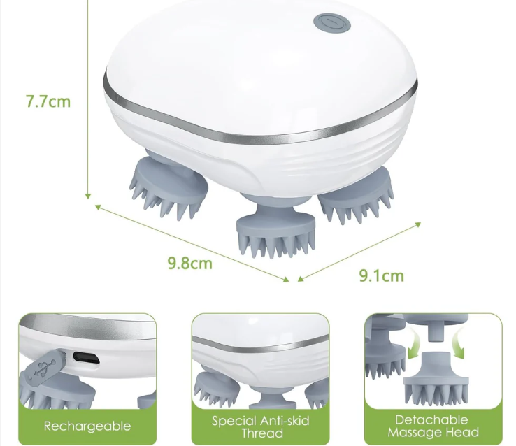 Electric Scalp Massager – Portable USB Rechargeable with 4 Heads