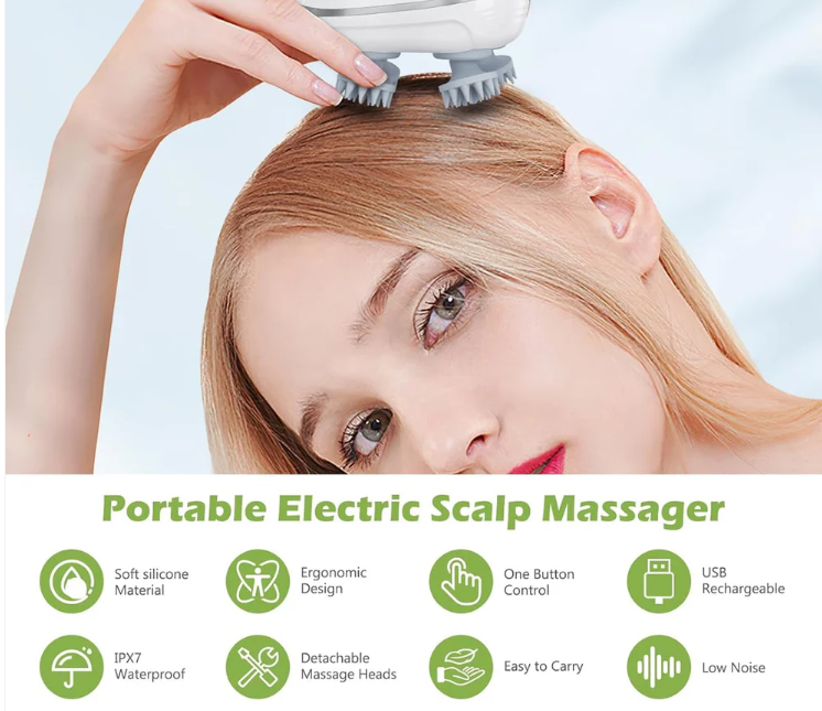 Electric Scalp Massager – Portable USB Rechargeable with 4 Heads